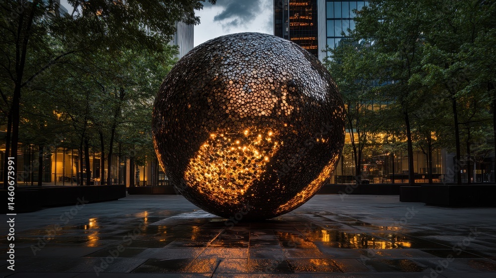 A large metallic sphere reflects its surroundings in an outdoor urban setting, surrounded by trees and modern buildings.