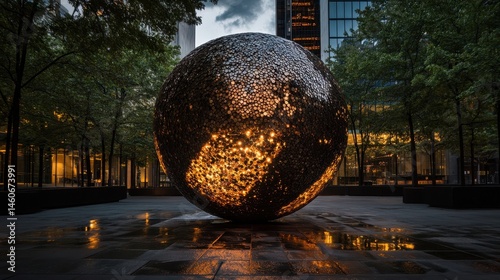 Obraz na płótnie A large metallic sphere reflects its surroundings in an outdoor urban setting, surrounded by trees and modern buildings. w salonie