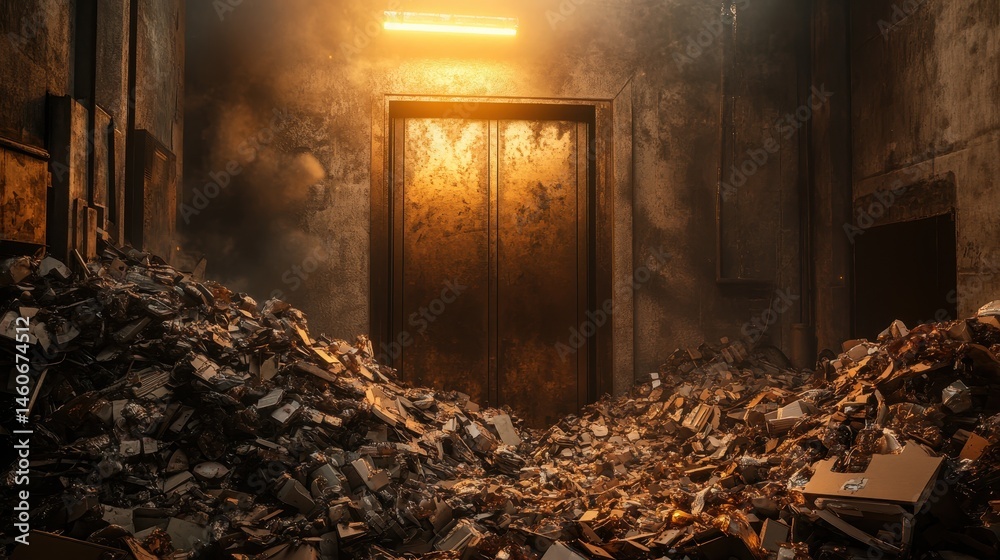 A dimly lit room filled with piles of debris and clutter, evoking a sense of neglect and decay.