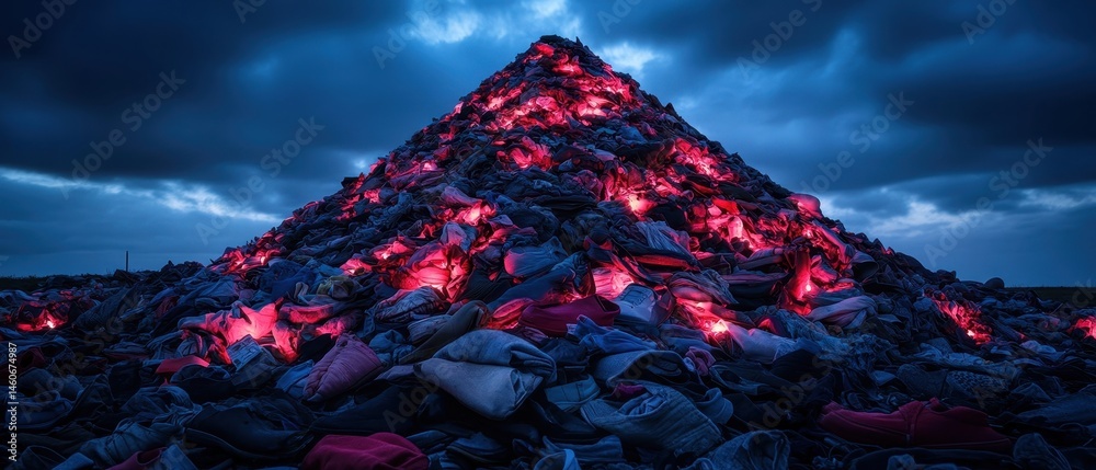 A large pyramid of discarded shoes under a dramatic sky, highlighting waste and environmental concerns.