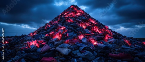 Obraz na płótnie A large pyramid of discarded shoes under a dramatic sky, highlighting waste and environmental concerns. w salonie