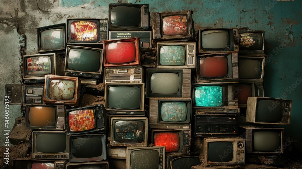 A collection of vintage televisions stacked against a textured wall, showcasing various colors and screen displays, evoking nostalgia and retro aesthetics.