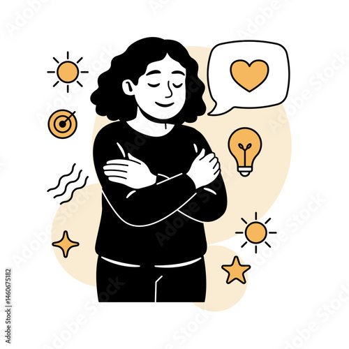 Vector illustration of a woman hugging herself with a peaceful smile, symbolizing self-compassion, emotional care, and mental wellness in a psychology-themed concept.