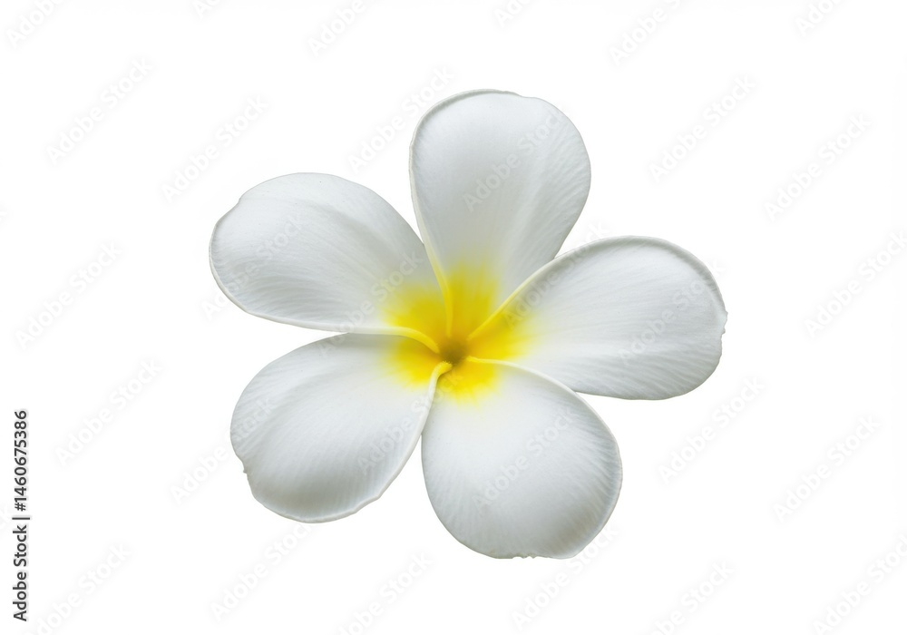 Naklejka premium Close up of a single frangipani flower with yellow center petals isolated on white background