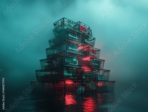 Obraz na płótnie A surreal structure of stacked shopping baskets emerging from a misty, reflective water surface, creating a dreamlike atmosphere. w salonie