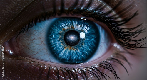 Hyperrealistic Ethereal Blue Eye Reflecting a Starlit Galaxy with Dark Shimmering Lashes and Flawless Skin in Macro Detail Capturing Cosmic Beauty and Dreamlike Quality