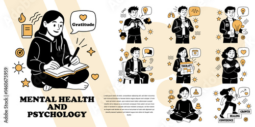 Vector illustration set on mental health and psychology showing therapy, mindfulness, self-care, journaling, and overcoming negative thoughts.