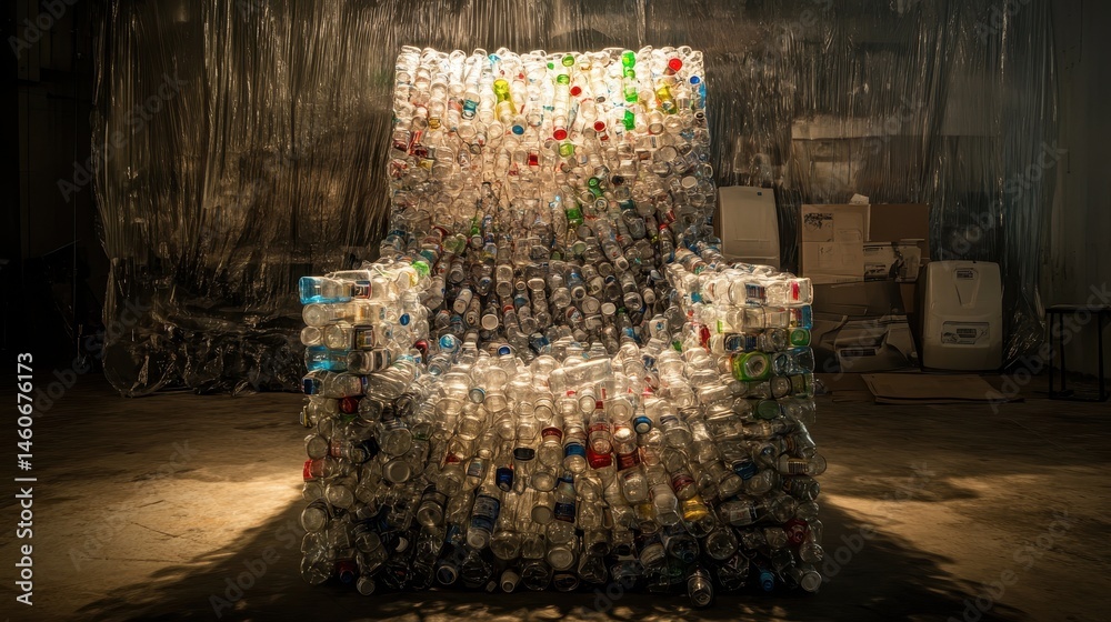 A chair made entirely of plastic bottles is displayed against a metallic backdrop, highlighting the theme of recycling and environmental awareness.