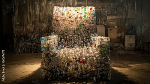 Obraz na płótnie A chair made entirely of plastic bottles is displayed against a metallic backdrop, highlighting the theme of recycling and environmental awareness. w salonie