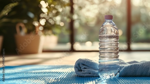 A close-up of a water bottle and towel resting on a fitness mat. photo