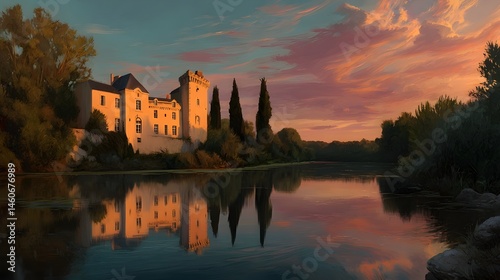 Chateau reflecting sunset's glow, standing majestically amidst scenic vineyard hills