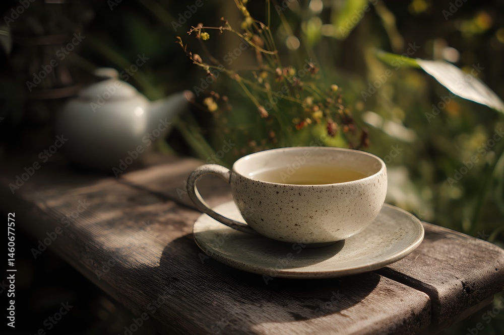 Fototapeta premium Serene morning setup with delicate white tea and tranquil ambiance, setting a peaceful mood