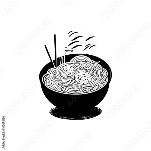 Monochromatic Spaghetti Bowl Illustration with Rising Steam and Chopsticks