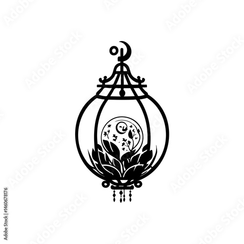 Elegant ornamental lantern silhouette design with floral and celestial motif