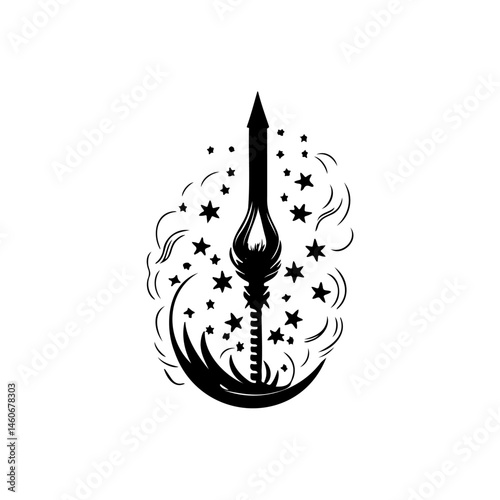 Mystical black and white spear amidst swirling stars illustration design
