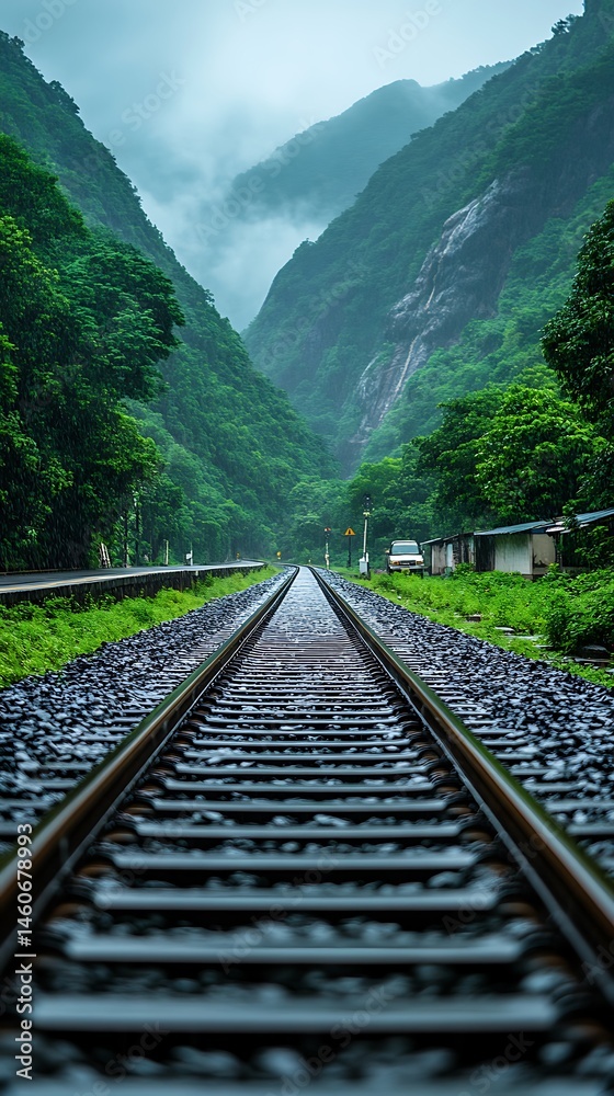 Fototapeta premium Misty mountain railway track