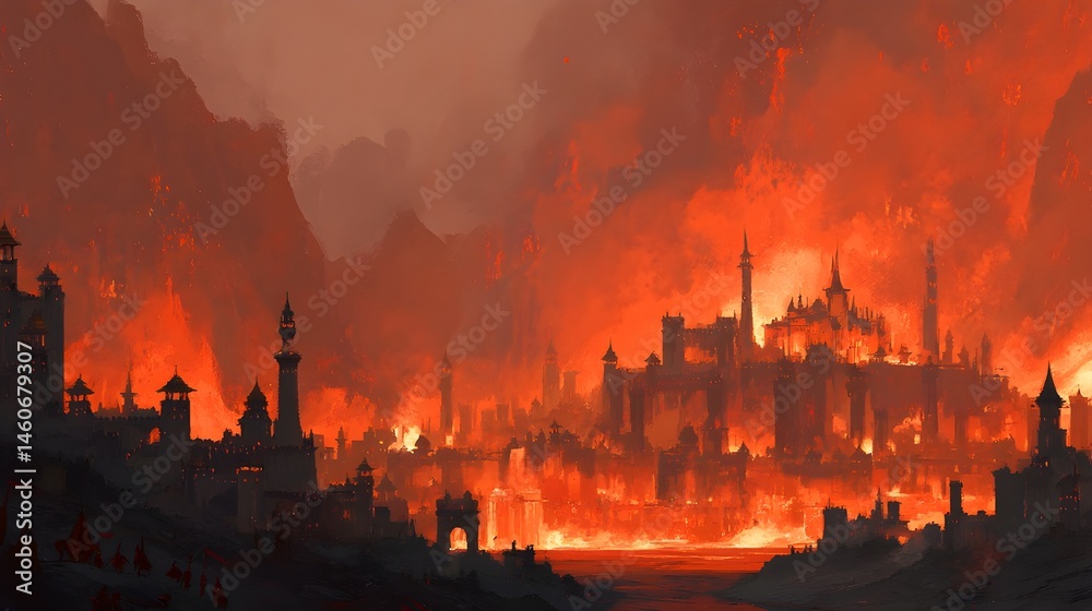 Naklejka premium Kingdom of fire, where the landscape is bathed in the light of eternal flames
