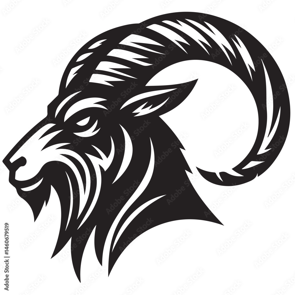Fototapeta premium Fierce Tribal Mountain Goat Head Logo in Black and White – Aggressive Ram Horn Design for Sports Teams, Outdoor Apparel, Tattoo Art, and Branding Use.