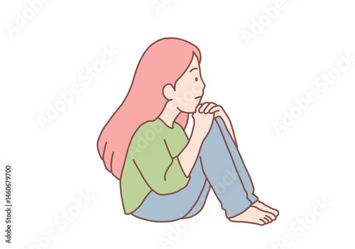 Young sad depressed woman sitting getting help and cure from stress feeling lonely and unhappy. Hand drawn style vector design illustrations.