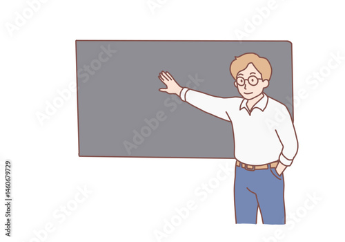 Educational process at university Education, explanation, lecture concept. Young smiling man teacher lecturer explaining material on school lesson near blackboard. Hand drawn style design illustration