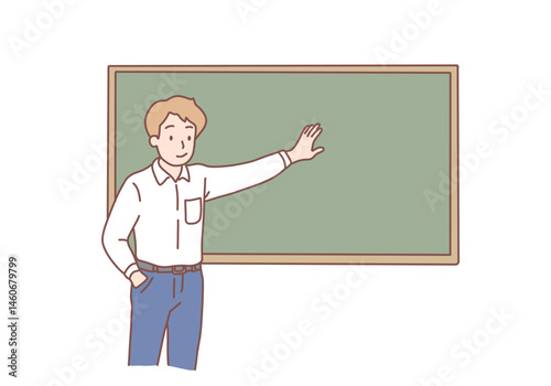 Educational process at university Education, explanation, lecture concept. Young smiling man teacher lecturer explaining material on school lesson near blackboard. Hand drawn style design illustration