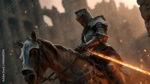 Medieval knight astride a steaming warhorse, sword raised, ready for battle in a dusty field