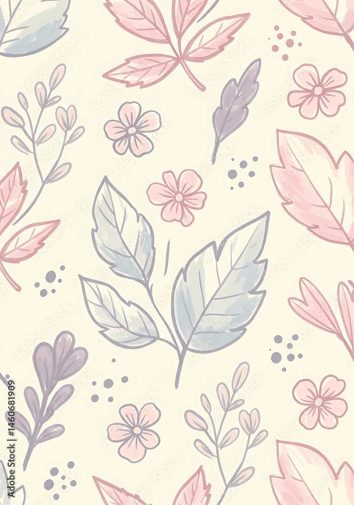 Fototapeta premium Pastel Floral Pattern: Delicate Watercolor Leaves & Blooms AI Generated