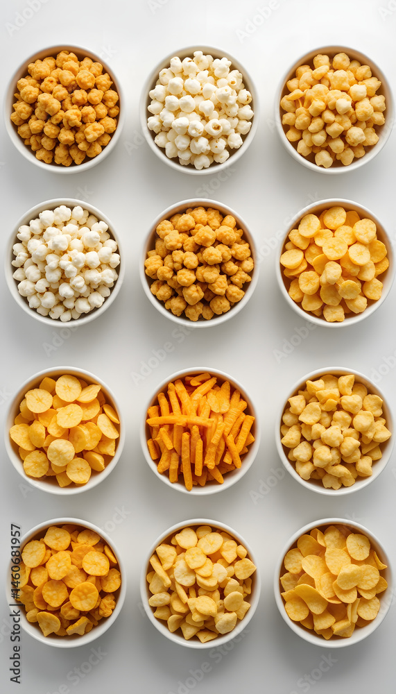 Fototapeta premium Assorted Snacks in Ceramic Bowls – Isolated on White Background