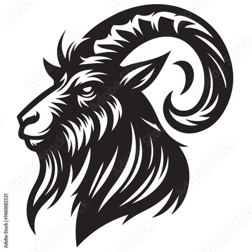 Fierce Tribal Mountain Goat Head Logo in Black and White – Aggressive Ram Horn Design for Sports Teams, Outdoor Apparel, Tattoo Art, and Branding Use.
