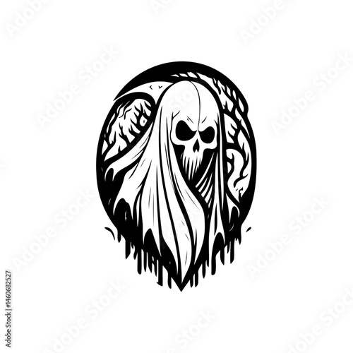 Stylized monochromatic illustration of a spectral figure within an ornate oval frame