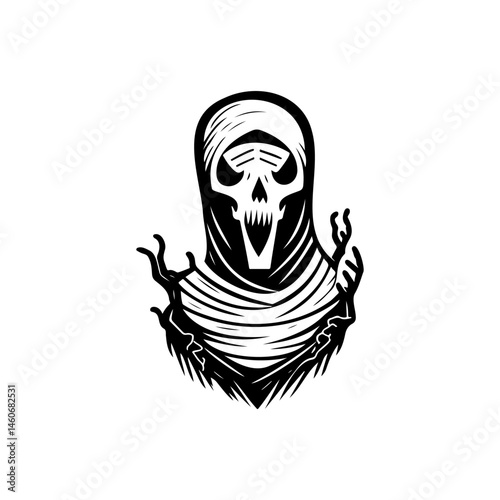 Eerie spectral figure enveloped in dark shroud, a chilling monochrome portrait