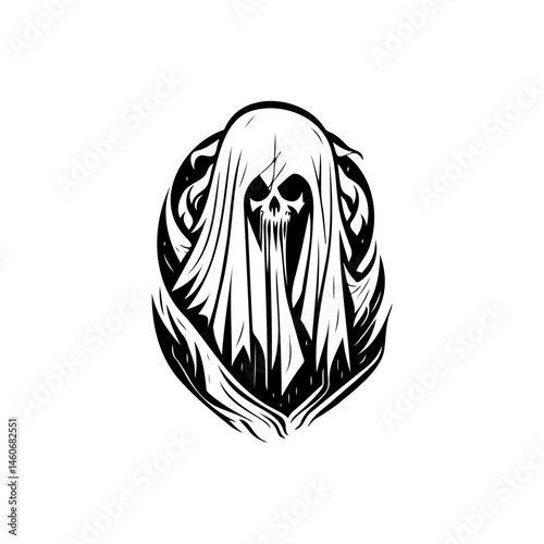 Mysterious skull figure under a draped cloth creating a spooky graphic presence
