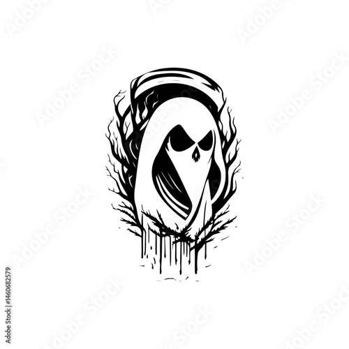 Grim reaper stylized illustration, black and white vector artwork horror concept
