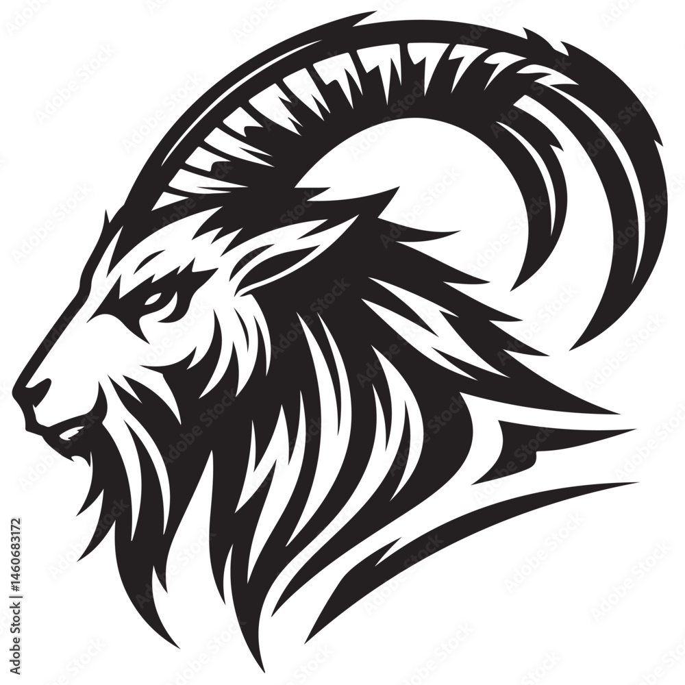 Fierce Tribal Mountain Goat Head Logo in Black and White – Aggressive Ram Horn Design for Sports Teams, Outdoor Apparel, Tattoo Art, and Branding Use. Fierce Tribal Mountain Goat Head Logo in Black and White – Aggressive Ram Horn Design for Sports Teams, Outdoor Apparel, Tattoo Art, and Branding Use.