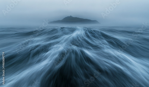 serene ocean wave captures essence of tranquility, with gentle ripples flowing towards distant island shrouded in mist. cool blue tones evoke sense of calm and mystery