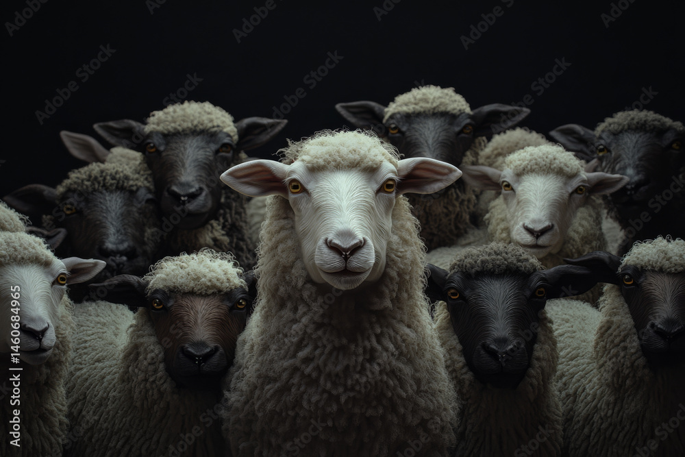 Obraz premium flock of sheep stands together, with one sheep prominently in center, showcasing mix of black and white wool. scene evokes sense of unity and curiosity among animals