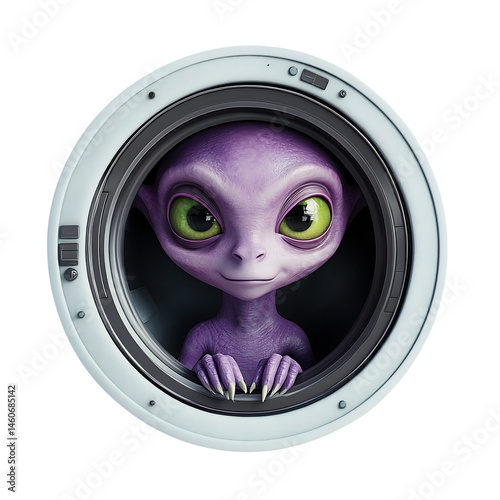A Cartoon Alien Peeking Out of a Spaceship Hatch Isolated on Transparent Background