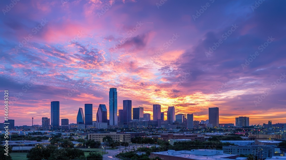 Obraz premium Skyscrapers rising above the city with a dramatic sunset sky in the background.