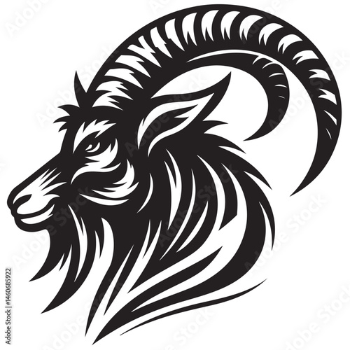 Fierce Tribal Mountain Goat Head Logo in Black and White – Aggressive Ram Horn Design for Sports Teams, Outdoor Apparel, Tattoo Art, and Branding Use.