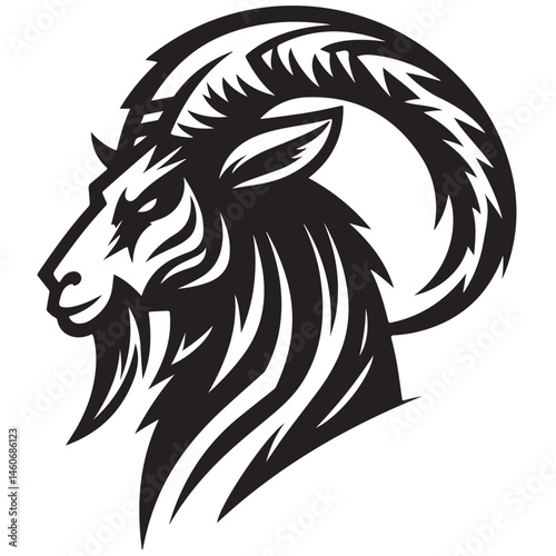 Fierce Tribal Mountain Goat Head Logo in Black and White – Aggressive Ram Horn Design for Sports Teams, Outdoor Apparel, Tattoo Art, and Branding Use.