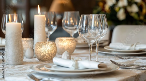 A festive dinner table with candles and elegant decorations for a special celebration.