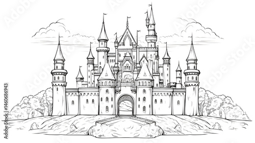 Detailed Linear Hand-Drawn Vector Illustration of a Majestic Castle - Ideal for Artistic Projects