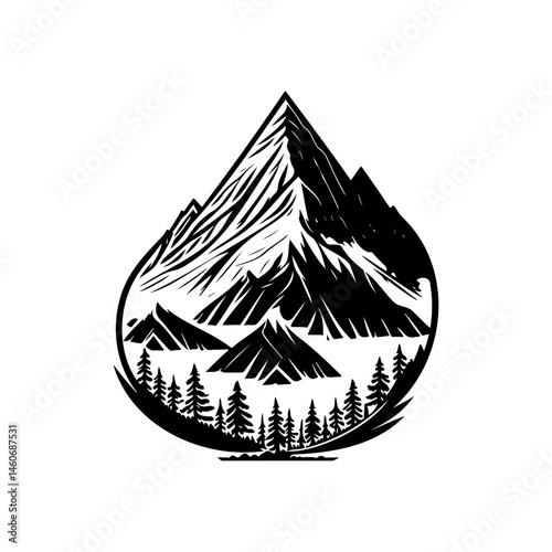 Abstract monochrome mountain range landscape enclosed within a teardrop shape