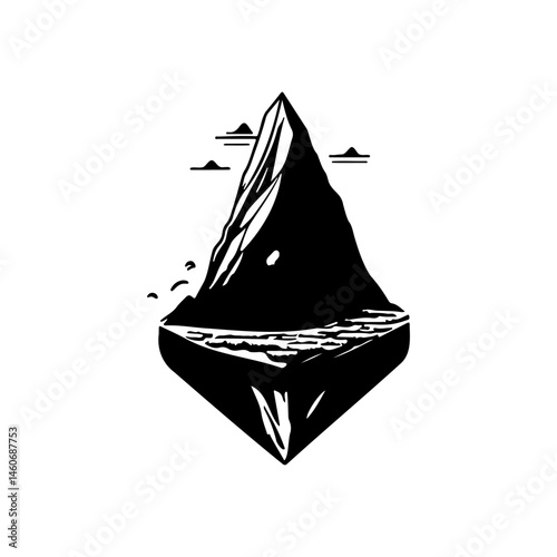 Stylized floating mountain peak silhouette graphic, ethereal landscape illustration