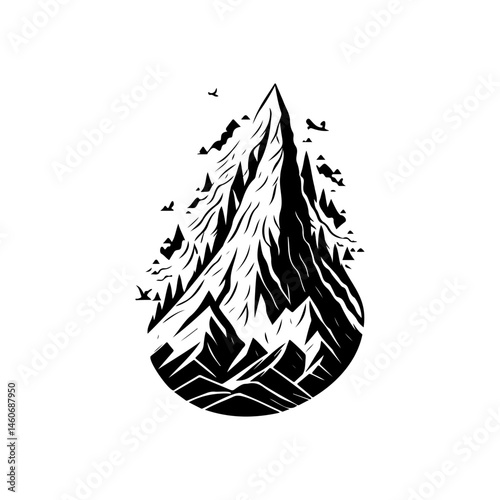 Monochrome silhouette of majestic mountain peak enclosed in droplet shape design
