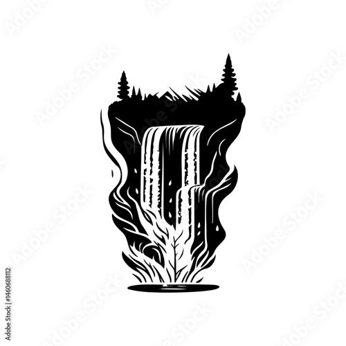 Monochromatic illustration showcases a majestic waterfall cascading from highlands