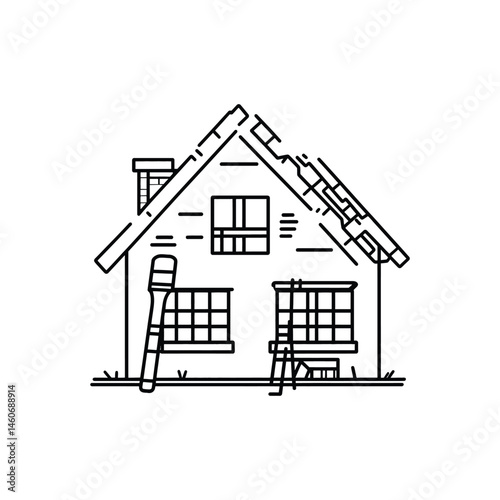 Minimalist House Outline with Chimney, Windows, Ladder, and Paintbrush on Transparent Background