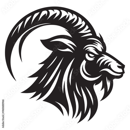 Fierce Tribal Mountain Goat Head Logo in Black and White – Aggressive Ram Horn Design for Sports Teams, Outdoor Apparel, Tattoo Art, and Branding Use.