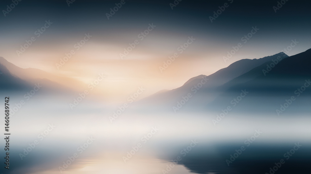 A mountain range with a foggy sky and a sun setting in the background. The mountains are covered in mist and the sky is a mix of blue and orange. The scene is serene and peaceful A mountain range with a foggy sky and a sun setting in the background. The mountains are covered in mist and the sky is a mix of blue and orange. The scene is serene and peaceful