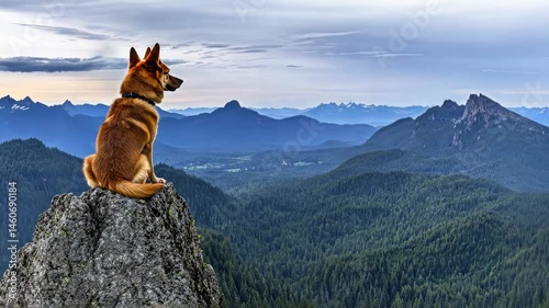 Majestic dog overlooking vast mountain range at sunset